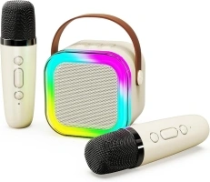 Portable Karaoke Machine with 2 Wireless Microphone, Mini Portable Bluetooth Speaker with Wireless Microphone, Gifts for Kids Age 4-12, Boys, Girls, Adults, Party, Home KTV, Outdoor, Travel (Beige)