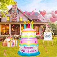 4FT Inflatable Cake Birthday Party Outdoor Inflatable Decoration, Outdoor Inflatable Decoration with LED Lights, Birthday Inflatable Decoration for Garden, Patio, Lawn