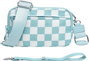 Checkered Nylon Wristlet Wallets for Women RFID Blocking Purse With Credit Card Holder & Crossbody Strap