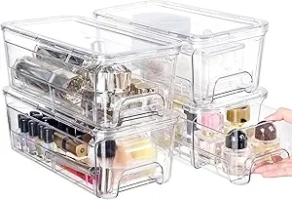 Acrylic Stackable Storage Drawers, 4Pack Clear Vanity Tool Makeup Organizer, 12"D*6.2"W*4.3"H Plastic Drawer Bathroom Storage and Organization, Desk Medicine Cabinet Bins Baby Bottle Organizer