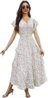 Womens Summer Floral Dress 2025 V Neck Short Sleeve Chiffon Boho Flowy Beach Casual Maxi Long Dresses for Women