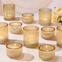 10pcs Ribbed Gold Votive Candle Holders, Assorted Glass Tea Light Candle Holders for Wedding Centerpieces, Brithday, Party and Holiday Decorations