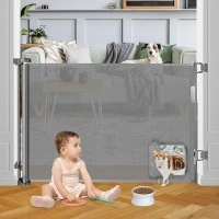 Baby Gate with Cat Door Walk Through 55" Wide Retractable Baby Gates Indoor Retractable Dog Gate Outdoor Pet Gate with Cat Door Gates for Pets Cat Gate for Doorway Dog Gates for The House, Gray