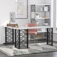 Ella L Desk, White Faux Marble/Black