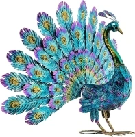 Alpine Corporation 23" Tall Outdoor Metallic Peacock Tail Spread Yard Statue Decoration, Multicolor