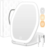 Travel Makeup Mirror with Light: 3 Color Lighting Portable Mirror with Touch Screen Rechargeable Adjustable LED Lights Vanity Hexagon Mirror for Travel, Desk, Home (White, 1 Mirror)