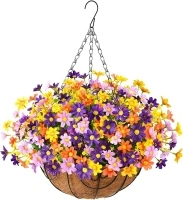 Homsunny Artificial Faux Hanging Flowers in Basket for Summer Outdoor Porch Decoration,Fake Hanging Plants with 12inch Coconut Lining Chain for Outside Garden Patio Decor(Orange Violet)