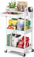 Rolling Utility Cart with Drawer 3 Tier, Utility Storage Organizer with Plastic Shelf & Lockable Wheels Multifunctional Storage Cart for Kitchen, Bathroom, Office, Living Room, White