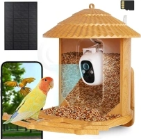 Samyoung Smart Bird Feeder with Camera AI Identify Bird Species, 4MP HD Auto Capture Bird Watching Cam, Live View, Instant Notifications with 32GB TF Card, Solar Powered Bird Camera, Wood Color