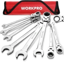 WORKPRO 8-piece Flex-Head Ratcheting Combination Wrench Set, SAE 5/16-3/4 in, 72-Teeth, Cr-V Constructed, Mirror Polished Chrome Plated with Roll Up Pouch