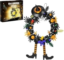 Taojiyuan Halloween Wreath Décor Building Kit with Witch Hat, Legs Wreath,Pumpkin and Spider Web,Witch Ghost Toys Ornaments Easter for Front Door and Wall(498pcs)