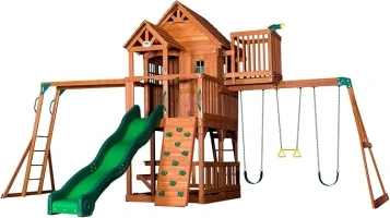 Backyard Discovery, Skyfort II Playground Cedar Wood Swing Set with Playhouse Fort, Sandbox, Picnic Table, Slide, Monkey Bars, Swings, Rock Climber, Outdoor Playset for kids Age 3-10 years