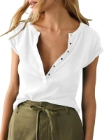 Womens Deep V Neck T Shirts Casual Short Sleeve Low Cut Tops Henley T-Shirts Button