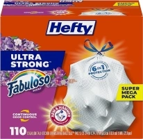 Hefty Ultra Strong 13 Gallon Trash Bags, Tall Kitchen Trash Bags 13 Gallon Size, Break Resistant Drawstring Closure, Continuous Odor Control, White, Fabuloso Scent, 110 Bags