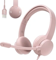 Headset with Mic for PC, USB Headset with Noise Cancelling Microphone, Computer Headset for Teams, Zoom, Skype Calls（Pink）