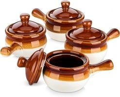 LOVECASA 16 OZ French Onion Soup Crocks with Lid,Porcelain Soup Bowls with Extended Handle,Serving Bowls for Chili, Beef Stew, Cereal, Pot Pies, lasagna,Microwave/oven-safe,Set of 4