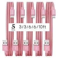 USB C Cable, Premium Nylon Braided USB A to Type C Charger Cable [5-Pack, 3/3/6/6/10FT], Pink USB C Fast Charger Cable for iPhone 15 / iPad, Galaxy S/Note/A, Google Pixel and More