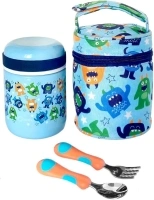 Thermal Food Jar, Insulated Lunch Bag and Stainless Steel Utensil Set. Container for Toddlers, Kids Hot Lunches, Soup. Wide Mouth, Leakproof Easy Grip, Thermal Vacuum Seal 10 oz 300 ML, Blue Monster