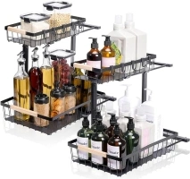 Under Sink Organizer, Sliding Cabinet Basket Organizer 2 Tier Under Bathroom Storage Rack with Hooks, Hanging Cup, Dividers, Multi-purpose Storage Shelf for Bathroom Kitchen, Black(2 Pack)