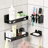 Adhesive Shower Caddy 4 Pack, Plastic Shower Shelves for Inside Shower, Bathroom Shower Organizer No Drilling Wall Mount Shower Storage with Toothbrush Holder&Soap Dish for Home (Black)