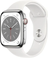 Apple Watch Series 8 [GPS + Cellular 45mm] Smart Watch w/Silver Stainless Steel Case with White Sport Band - M/L. Fitness Tracker, Blood Oxygen & ECG Apps, Always-On Retina Display, Water Resistant