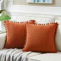 Fancy Homi Pack of 2 Burnt Orange Decorative Throw Pillow Covers 18x18 Inch with Pom-poms for Couch Bed Living Room Bedroom, Soft Corduroy Solid Square Cushion Case 45x45 cm, Boho Fall Home Decor