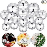 Sumind 35 Pcs Hanging Mirror Disco Balls Ornaments Silver Mini Disco Ball Decorations Reflective Mirror Ball Bulk Decoration for 70s Disco Themed Party Decor(1