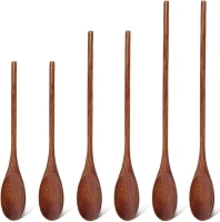 HANSGO 6PCS Long Handle Wooden Spoons, 10/12/14 Inch Wood Eating Spoons Japanese Style Cooking Utensil for Serving Mixing Stirring Dark Brown