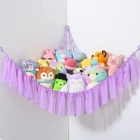 Stuffed Animal Storage Macrame Boho Plush Toy Net Hammock For Stuffed Animals With Light Pet Net For Stuffed Animals Corner Hanging Stuffed Animal Holder Teddy Bear Net For Kids Room (Purple)