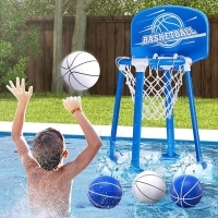 Pool Basketball Hoop Poolside with Backboard, Floating Pool Toys with 4 Basketballs/4 Water Balloons/Pump, Swimming Pool Games for Kids & Adults Indoor Outdoor Play, Blue