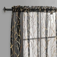 FINECITY Sheer Black and Gold Curtains - Metallic Gold Foil Tree Branch Black Sheer Curtains 84 Inch Length Botanical Theme Black with Gold Window Curtain Panel Set of 2, 52 x 84 Inch, Black Gold