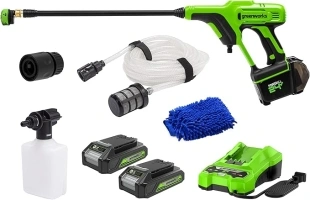 Greenworks 24V 600 PSI (0.8 GPM) Cordless Power Cleaner with (2) 2Ah Batteries, Charger, & Wash Glove, Green