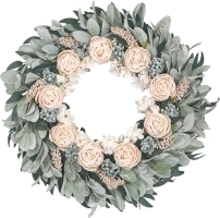 Kmise 24" Summer Wreaths for Front Door, Apricot Rose Wreath with Flocked Lamb Ear for Wall Window Home Porch Indoor Wedding Anniversary Festival Décor