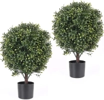 21 Inch Artificial Topiary Boxwood Ball Trees – Decorative Fake Greenery in Planter Pots for Front Porch, indoor Walkway, Entryway Decorating, Set of 2