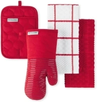 KitchenAid Quilted Cotton Terry Cloth Oven Mitt, Pot Holder Heat Resistant, 16"x26", 7"x13" & 7"x10", Passion Red