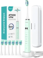 COSLUS Electric Toothbrush for Adults and Kids: Wireless Rechargeable Tooth Brush with Portable Travel Case, 5 Modes 47000 VPM Power Toothbrushes 6 Brush Heads 1 Charge for 70 Days Green