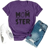 Momster T Shirt Women Funny Halloween Spider Bat Graphic Tee Casual Mom Ster Letter Print Hocus Pocus Tops