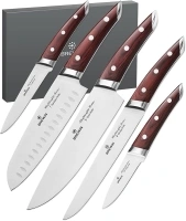 Brewin CHEFILOSOPHI Japanese Chef Knife Set 5 PCS with Elegant Red Pakkawood Handle Ergonomic Design,Professional Ultra Sharp Kitchen Knives for Cooking High Carbon Stainless Steel