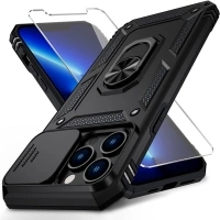 for iPhone 13 Pro Max Case with Slide Lens Cover, HD Screen Protector, Military Grade Drop Protection, Magnetic Rotated Ring Holder Kickstand Phone Case (Black)