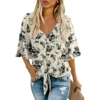 Anygrew Womens Tops 2023 Summer Blouses V Neck Batwing Sleeve Tops Tie Knot Chiffon Button Down Casual Blouse