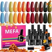 MEFA Fall Gel Nail Polish Set, 12 Colors Burgundy Red Gel Polish Set Flash Dark Red Glitter Nail Polish Gel Orange Shimmer Nude Brown Blue Yellow Gel Nail Gifts for Women Girl