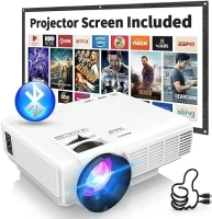 Projector with Two-way Bluetooth, Mini Projector with Projector Screen, Full HD 1080P Portable Video Projector, Home Movie Projector Compatible with HDMI/USB/Smartphone