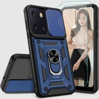 for T-Mobile Revvl 6X 5G /Revvl 6 5G Case with Tempered Glass Screen Protector [2Pcs],Heavy Duty Case with Camera Cover Ring Holder Stand Dual-Layer Protection Phone Case (Blue)