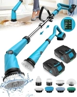 Updated 1500 RPM Battery Electric Spin Scrubber with Handle, 8 Replaceable Shower Scrubber & 2 Battery Powered Cleaning Brush with Display 3 Speed & Adjustable Handle Cordless Power Scrubber for Clean