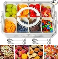 Snackle Box Container Divided Serving Tray with Lid, Handle, Spoon, and Fork - Portable Round 8-Compartment for Fruit, Veggies, Candy, Nuts, Party, Picnic, and Travel