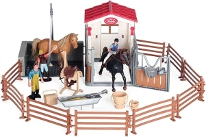 Horse Stable Playet Toys with Horse Wash Area and Fence Toy Figures, 31 Pieces Horse Barn Horse Stall Set with Mustang Stallion, Horse Toys Gift for Boys and Girls