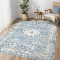 Vintage Living Room Area Rug 4x6 - Large Soft Washable Oriental Traditional Distressed Farmhouse Rugs for Bedroom - Indoor Floor Accent Carpet for Home Office House Decor - Blue