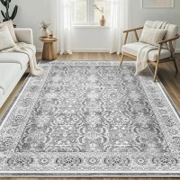 6x9 Area Rugs for Living Room: Vintage Boho Floral Print Rug, Ultra Thin Stain Resistant Washable Rug, Large Soft Non Slip Foldable Carpets for Bedroom Dining Room Office Nursery - Grey