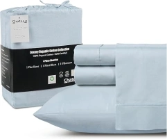 King Size Sheets Set-100% Organic Cotton Bed Sheets-Luxurious Sateen Weave Cooling Sheets King Size Fitted Sheet & pillowcase sets, 300 TC GOTS Certified Deep Pocket King Sheet Set-Light Blue