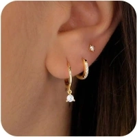 Gold Earrings for Women Trendy Set of 3 Pair Dainty Gold Dangle Small Hoop Stud Earrings for Women 14K Gold Plated Huggie Hoop Earrings for Women Cartilage Second Hole Earrings Stack for Women